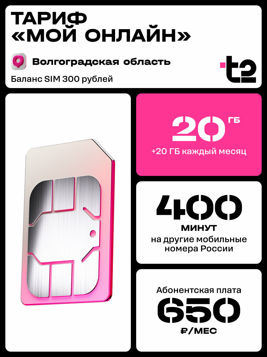 Sim-карта t2 для Волгоградской области, баланс 300 рублей