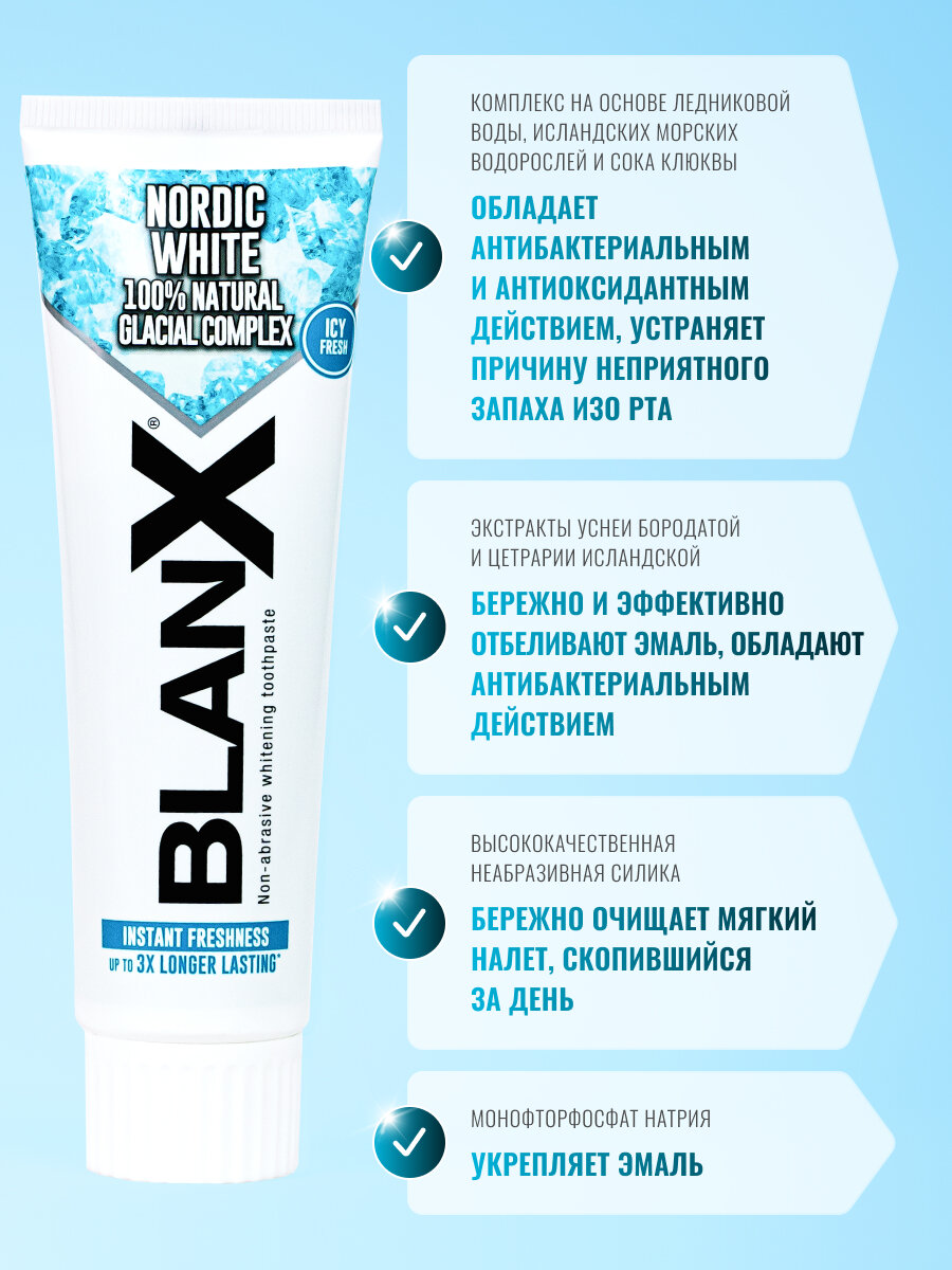 Изображение Зубная паста BlanX Nordic White / отбеливающая, освежает дыхание, 75 мл