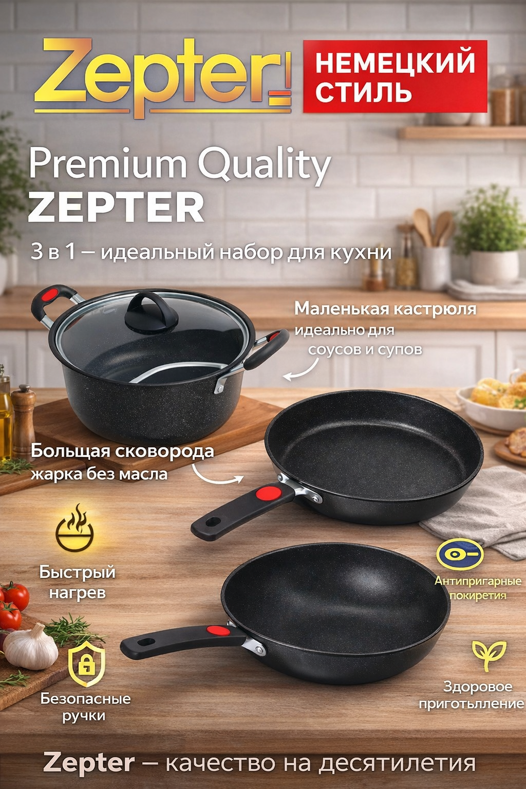 Набор кастрюль Zepter 3 шт, керамика, бордовый без антипригарное покрытие