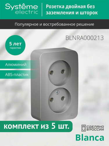Изображение товара Розетка двухпостовая Systeme Electric BLANCA с изолирующей пластиной, алюминий, BLNRA000213 (комплект из 5 шт.)