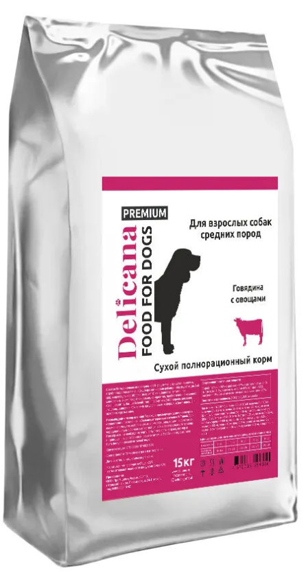 Delicana сухой корм для собак средних пород, говядина с овощами 15 кг.