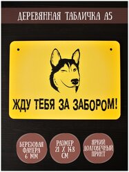 Табличка декоративная RiForm злая собака "Жду тебя за забором" , формат А5 (21 х 14.8 см), березовая фанера 6 мм