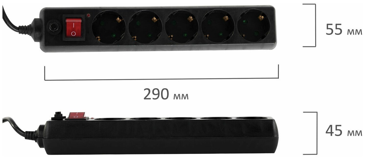 Сетевой фильтр SONNEN U-3518, 5 розеток, с заземлением, выключатель, 10 А, 1,8 м, черный, 513488