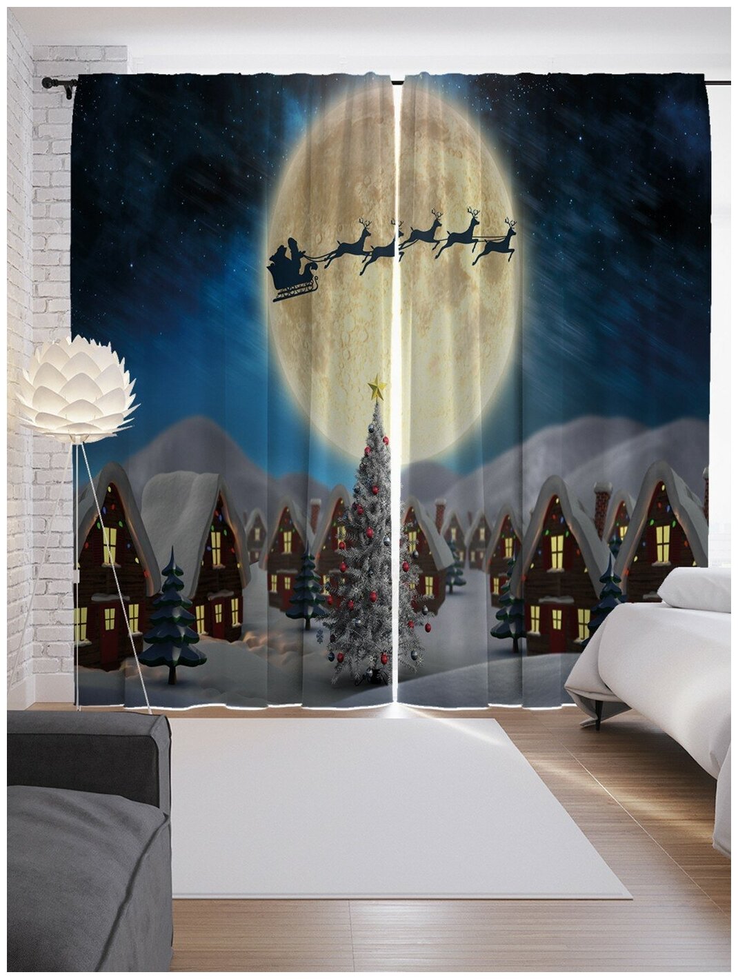 Шторы, фотошторы JoyArty "Санта пролетает на луне" из ткани сатен, 2 полотна шириной по 145 см, высота 265 см, шторная лента и крючки, степень затемнения 70 - фотография № 10