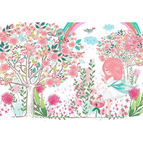 Моющиеся виниловые фотообои Рисунок. Девочка и цветущие деревья, 350х240 см