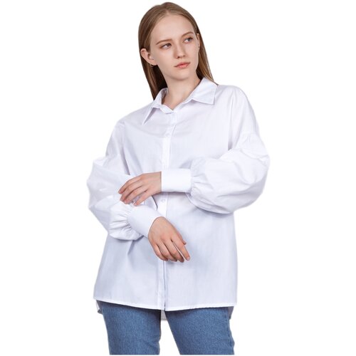 фото Блузка, рубашка женская enjoy с приспущенными плечами и рукавами фонарями. свободный силуэт, цвет белый, размер m. на каждый день, офисный стиль. fm