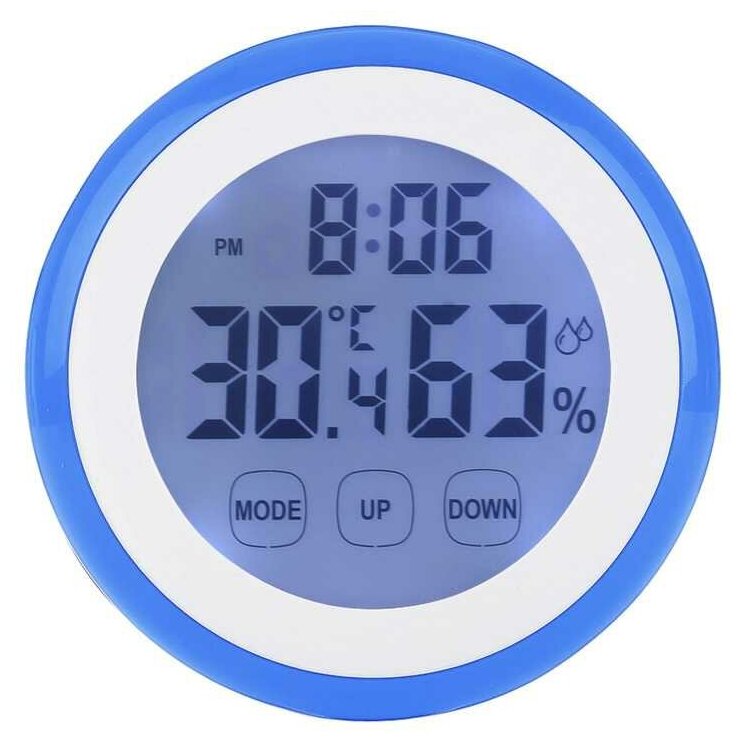 Термометр-гигрометр с часами и будильником, сенсорный, голубой - фотография № 3