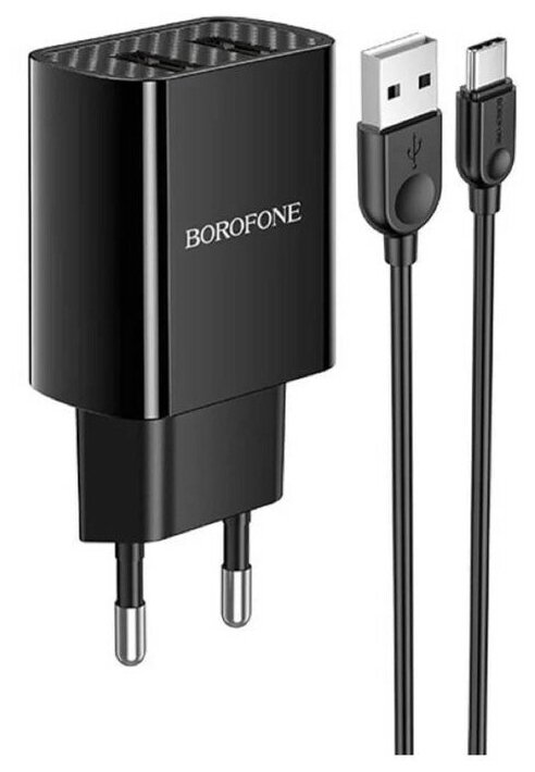 Сетевое зарядное устройство Borofone BA53A, 2xUSB, 2.1 А, кабель Type-C, чёрное 9088827