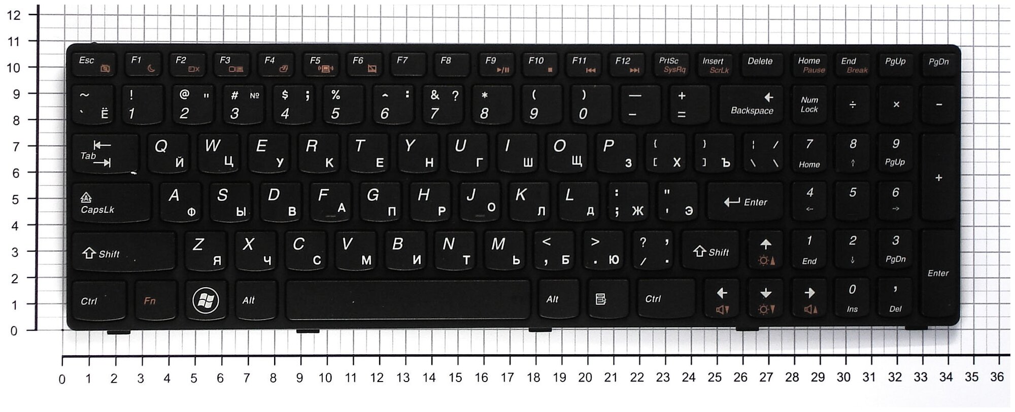 Клавиатура для ноутбука Lenovo IdeaPad G575A черная с черной рамкой ножка крепежа находится рядом со шлейфом