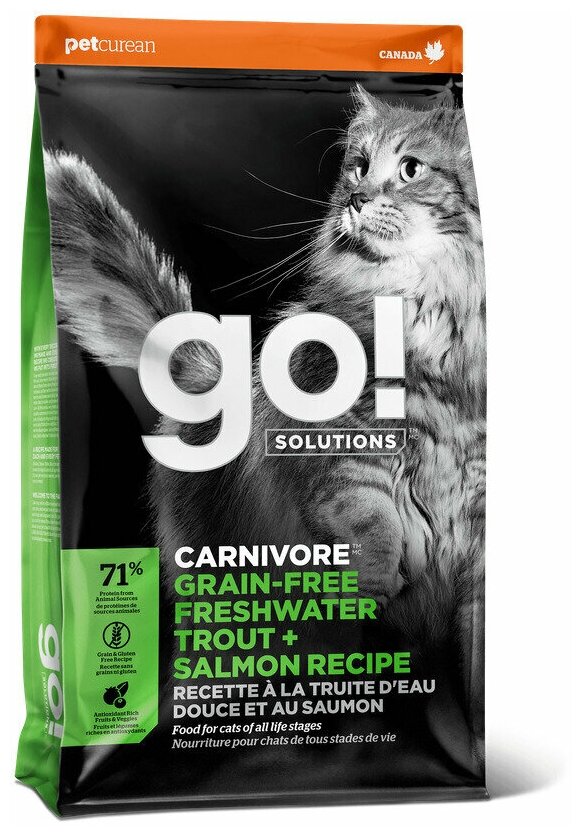 GO! для Котят и Кошек с чувствительным пищеварением: Форель, Лосось (GO! CARNIVORE GF Freshwater Trout + Salmon Recipe for cats ) 7,26 кг