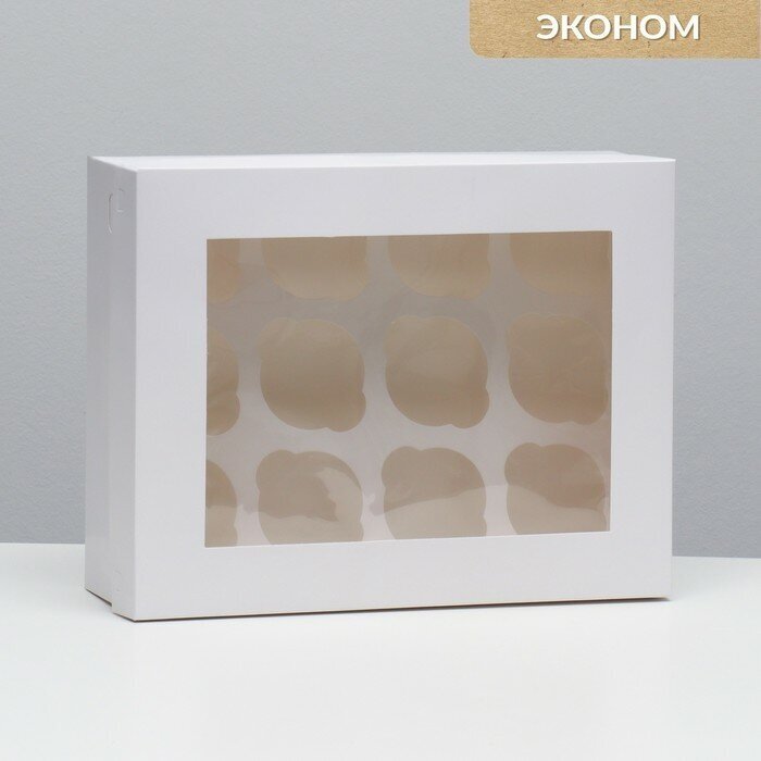 Упаковка под 12 капкейков с окном, белая, 32,5 х 25,5 х 10 см (1шт.)