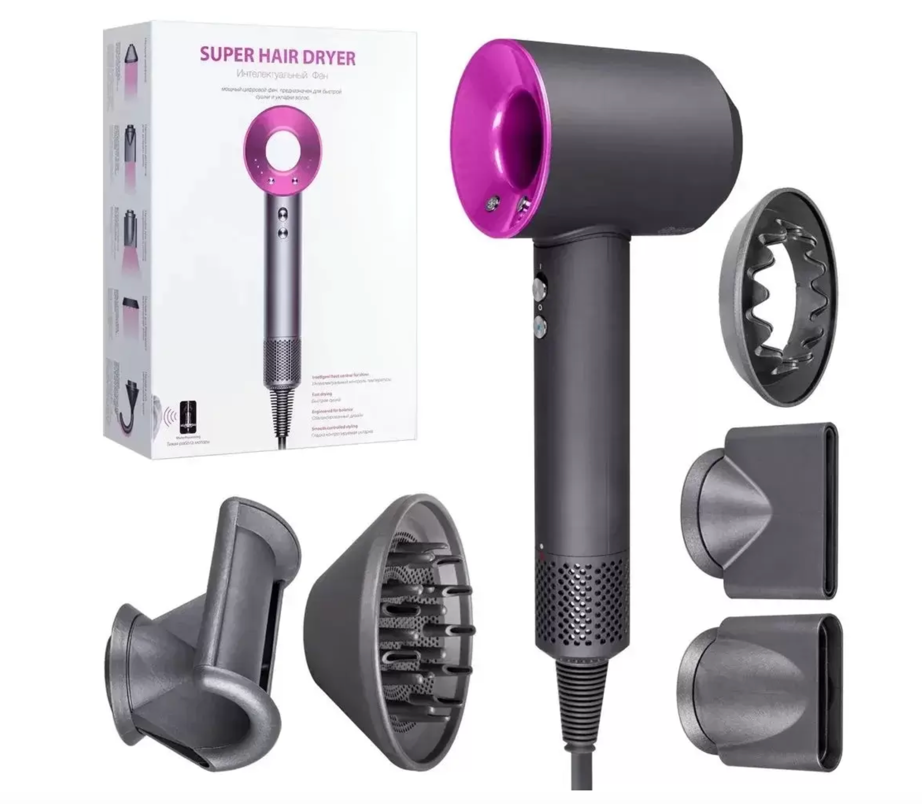 Фен Super Hair Dryer с насадками 6 в 1 красный - фотография № 4