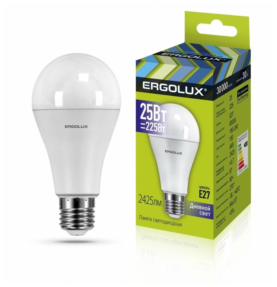 Эл. лампа светодиодная ЛОН LED-А65-25W-E27-6K (25Вт=225Вт 2425Lm E27 6500K 180-240В) Ergolux