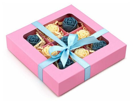 Шоколадные розочки 9 шт. CHOCO STORY в Розовой мини-упаковке: Белый и Голубой бутон из Белого шоколада, 108 гр. M9-R-BG