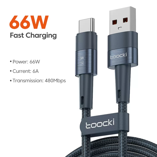 Кабель Toocki, USB-A - Type-C, 6A, 66W, 1м, синий, нейлоновая оплетка, TXCT-YS03 кабель зарядный toocki с usb a на type c 1м белый