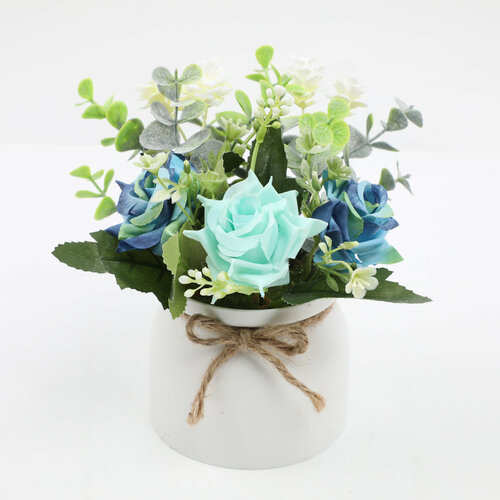 Искусственные цветы роза синяя в горшке / кашпо композиция цветов для декора