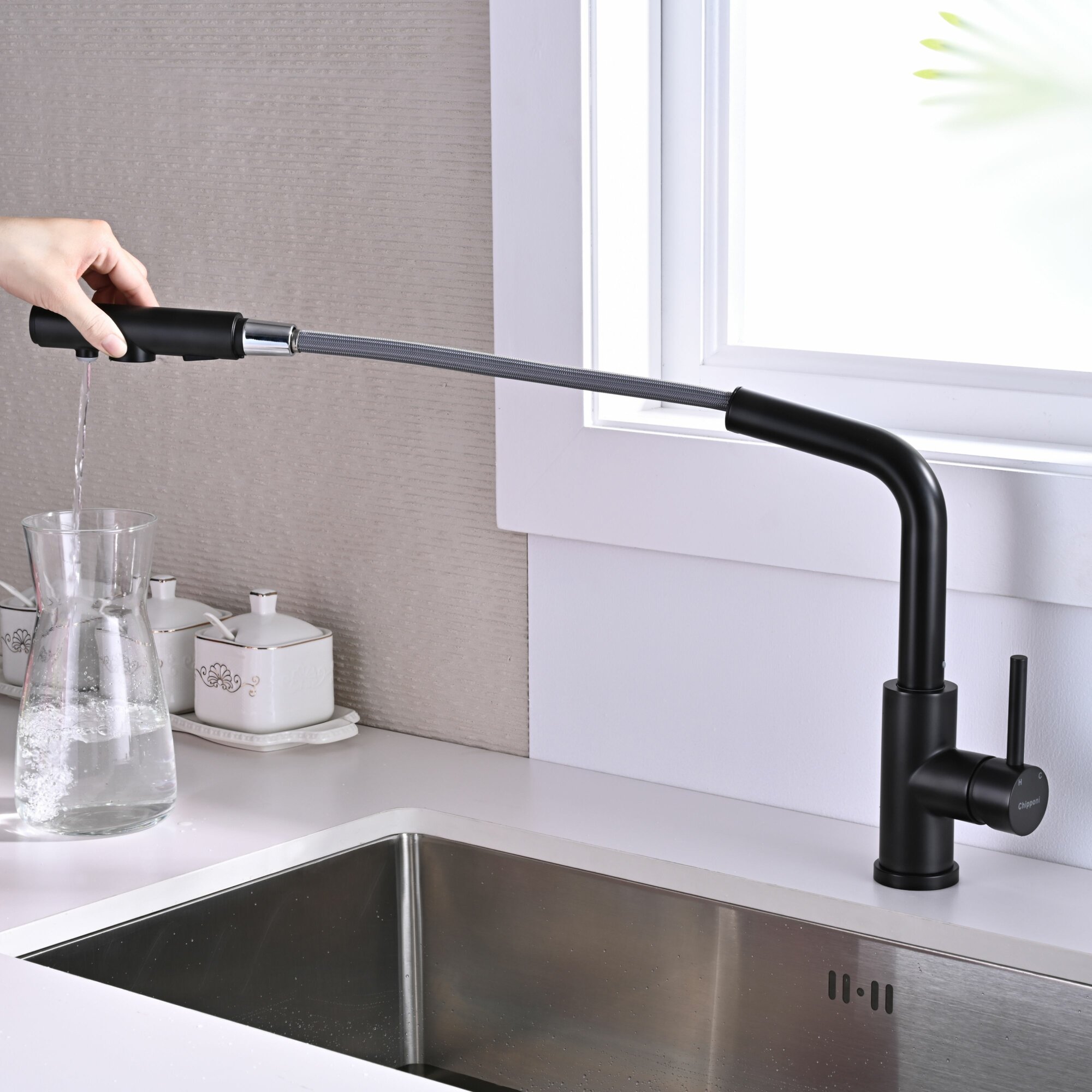 Смеситель для кухни с подключением к фильтру питьевой воды черный, с гибкой выдвижной лейкой 2 режима Abroli 237BL