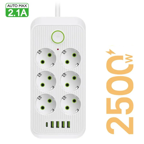 Сетевой фильтр белый сетевой фильтр удлинитель сетевой фильтр 4 USB 6 розеток 1 USB-C провод 2 метра выключатель на корпусе белый 1350₽