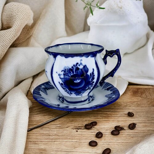 Изображение товара Чайная пара "Цветы" 300 мл фарфор гжель