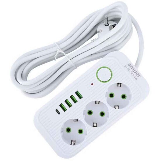 Сетевой удлинитель с USB Amper JH-1074U-4W 3 розетки 4usb 1Type-C 2500 Вт 10А 40м 3*075мм белый.