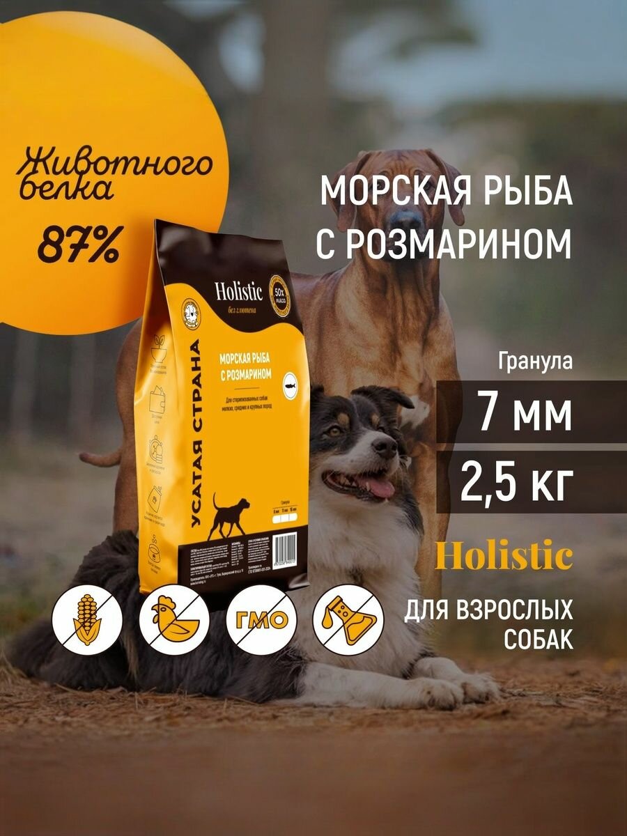 Сухой корм для собак холистик "Морская рыба с розмарином". Диетический низкобелковый корм для средних и крупных собак. Упаковка 2,5 кг.