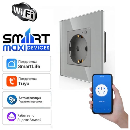 Умная настенная розетка WiFi Tuya с Алисой, Марусей, встраиваемая для умного дома. Голосовой помощник Яндекс Алиса, Маруся, Гугл. Золотая