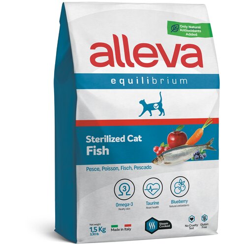 сухой сухой корм для кастрированных котов и стерилизованных кошек brit premium лосось 800 г Сухой корм для стерилизованных кошек Alleva Equilibrium с рыбой 1.5 кг