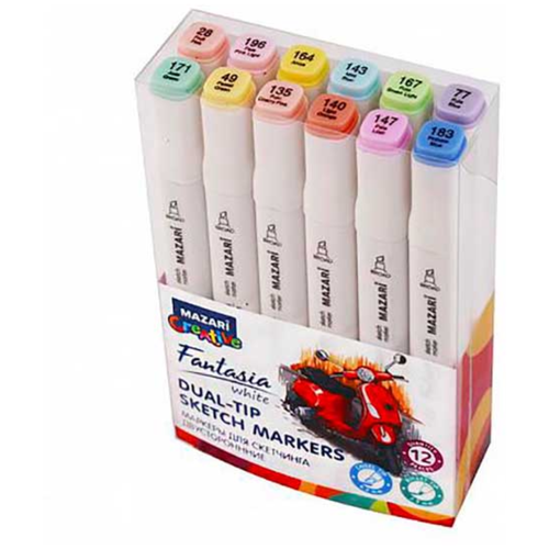 фото Mazari fantasia white набор маркеров для скетчинга 12 шт двусторонние спиртовые пуля/долото 2.5-6.2 мм (пастельные)
