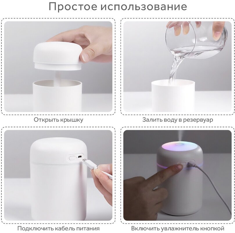 Увлажнитель воздуха Goodly Humidifier H2O, портативный с LED подсветкой, 300 мл, белый - фотография № 6