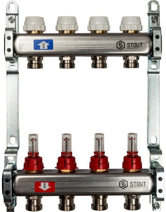 Распределительный коллектор Stout SMS с расходомерами и рег-щими вставками на 4 контура 1"х3/4"
