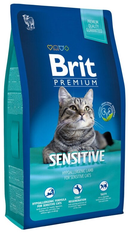Сухой корм премиум класса Brit Premium Cat Sensitive с ягненком и индейкой для взрослых кошек с чувствительным пищеварением 0,8 кг - фотография № 3