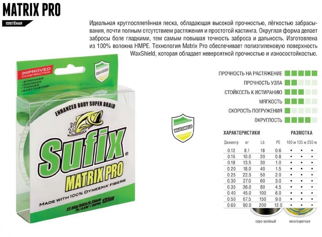 Леска плетеная SUFIX Matrix Pro зеленая 135 м 0.35 мм 36 кг SMP35GR135RU