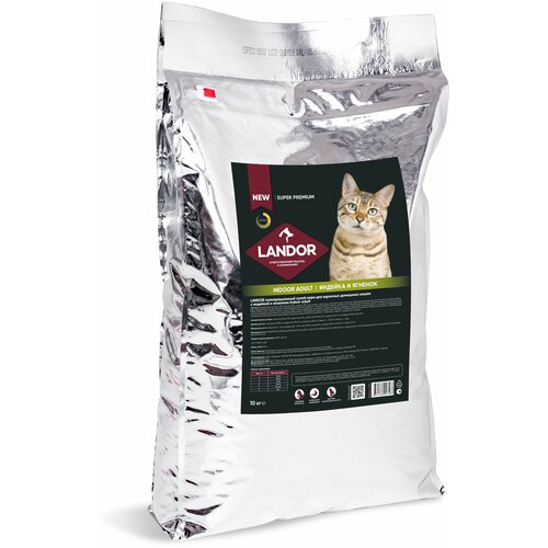 LANDOR Полнорационный сухой корм для взрослых домашних кошек индейка с ягненком 10 кг