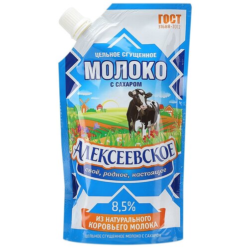 Молоко цельн. сгущ. с сах. 8,5%, 270 г дойпак+, Алексеевское