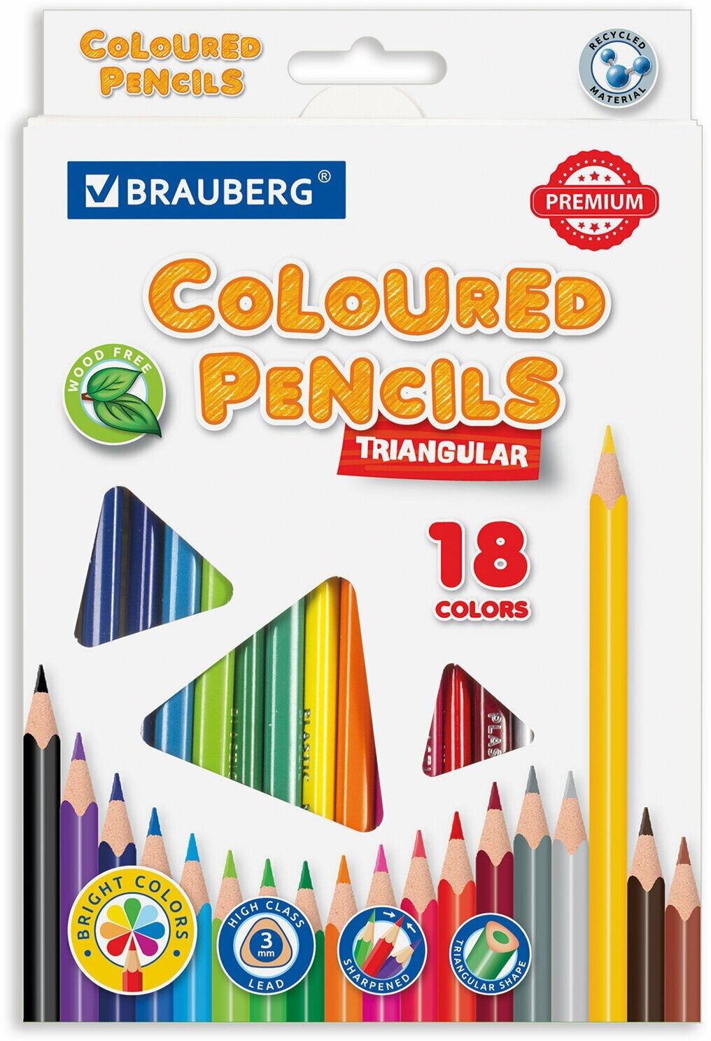 Карандаши пластиковые цветные для рисования Brauberg Premium, 18 цветов, пластиковые, трехгранные, грифель мягкий 3 мм, 181662