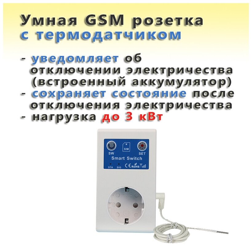 Умная GSM розетка SC1-GSM-L/TVC с термодатчиком (управление по смс и звонкам до 3 кВт) и встроенным аккумулятором