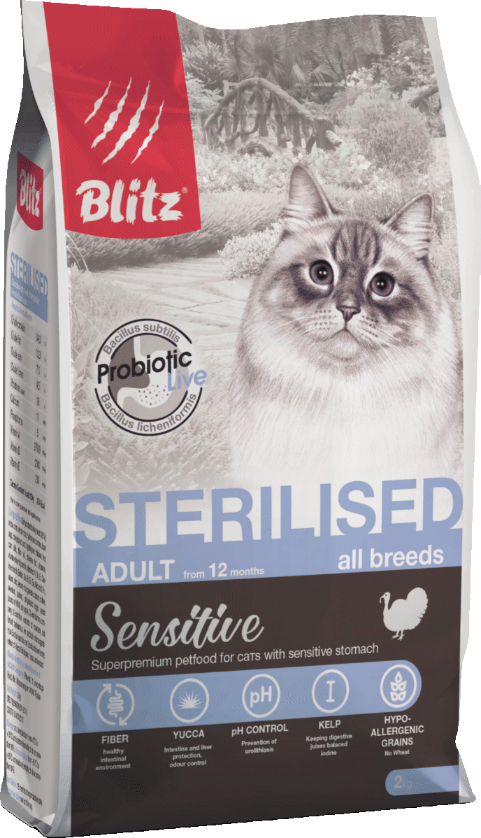 Blitz Sensitive Turkey Adult Sterilised Cat All Breeds сухой корм для стерилизованных кошек с индейкой 2 кг - фотография № 1