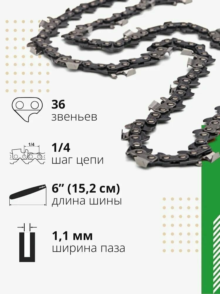 Запасная цепь для мини пилы 36 звеньев 6" мини шина 1/4 043. Цепи пильные на аккумуляторный кусторез.