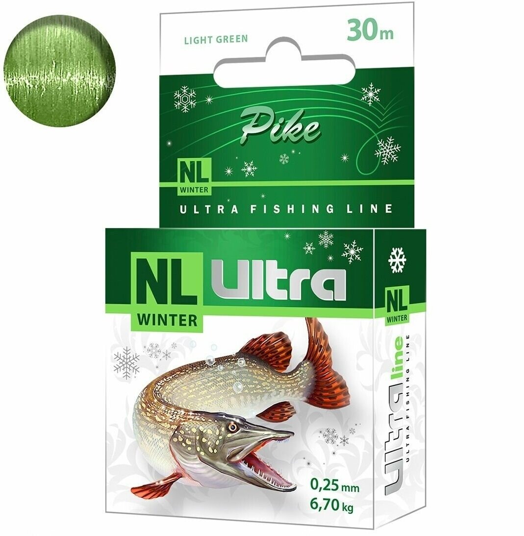 Леска зимняя для рыбалки AQUA NL ULTRA PIKE (Щука) 30m 025mm цвет - светло-зеленый test - 670kg ( 1 штука )