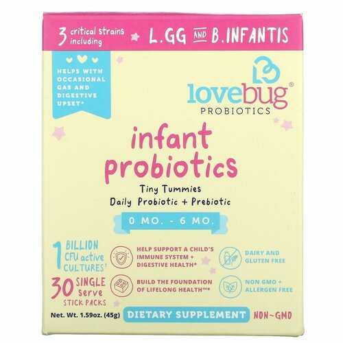 Купить LoveBug Probiotics, пробиотики для младенцев в возрасте 0–6 месяцев, 1 млрд КОЕ, 30 пакетиков в индивидуальной упаковке, по 1, 5 г (0, 05 унции)