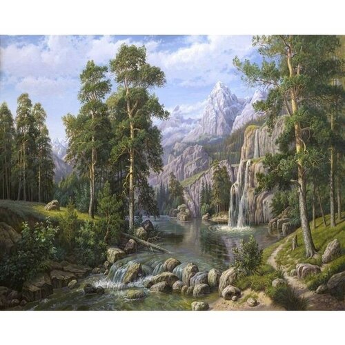 Вышивка крестиком 46х56 - Горы, водопад и лес