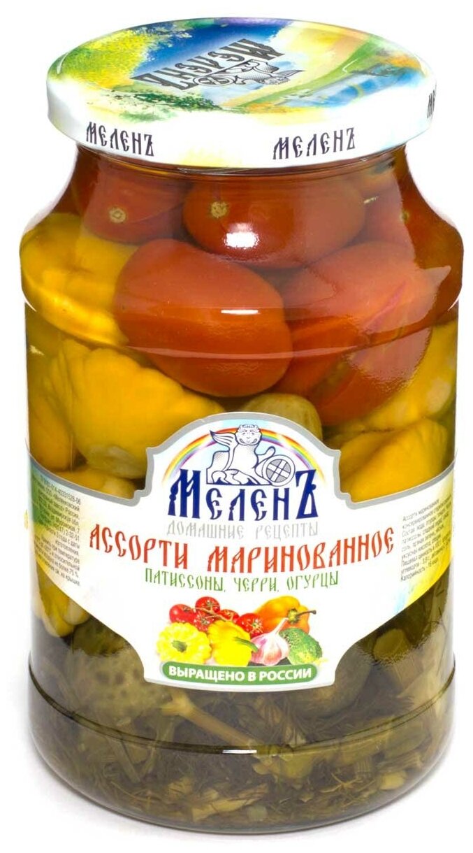 "Меленъ" Ассорти маринованное патиссоны, черри, огурцы, 900 г