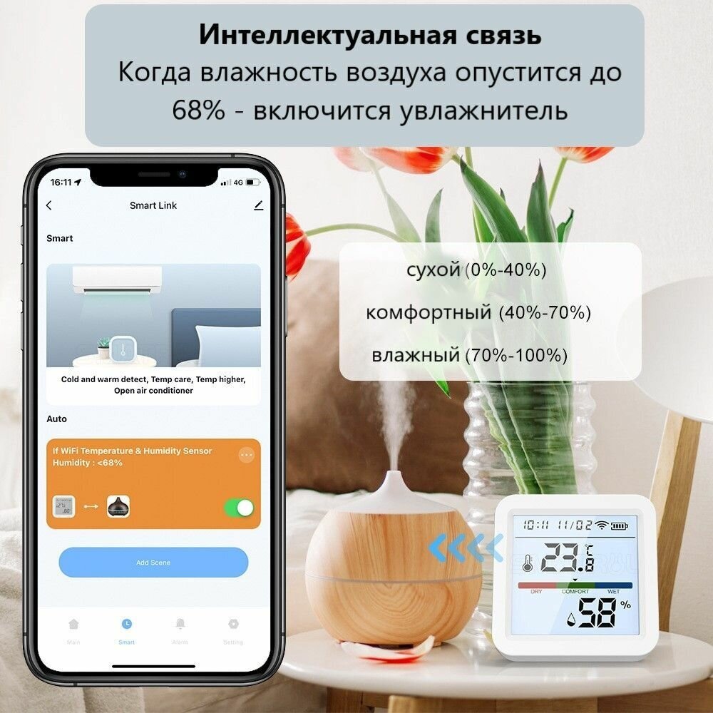 Умный беспроводной Wi-Fi датчик температуры и влажности воздуха, работающий с Tuya / Smart Life / Digma, с экраном и подсветкой (на батарейках)