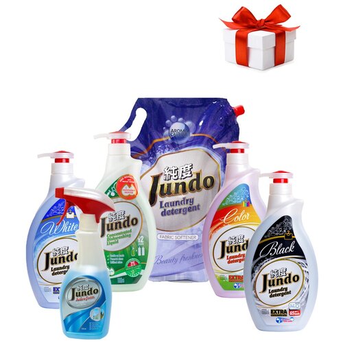 фото Jundo набор из 6 средств: гели для мытья посуды и стирки+кондиционер+спрей для окон+подарок