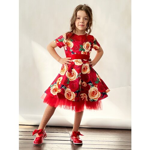 Платье для девочки нарядное Бушон ST31, стиляги цвет красный/желтый пояс красный, принт цветы, размер 110-116