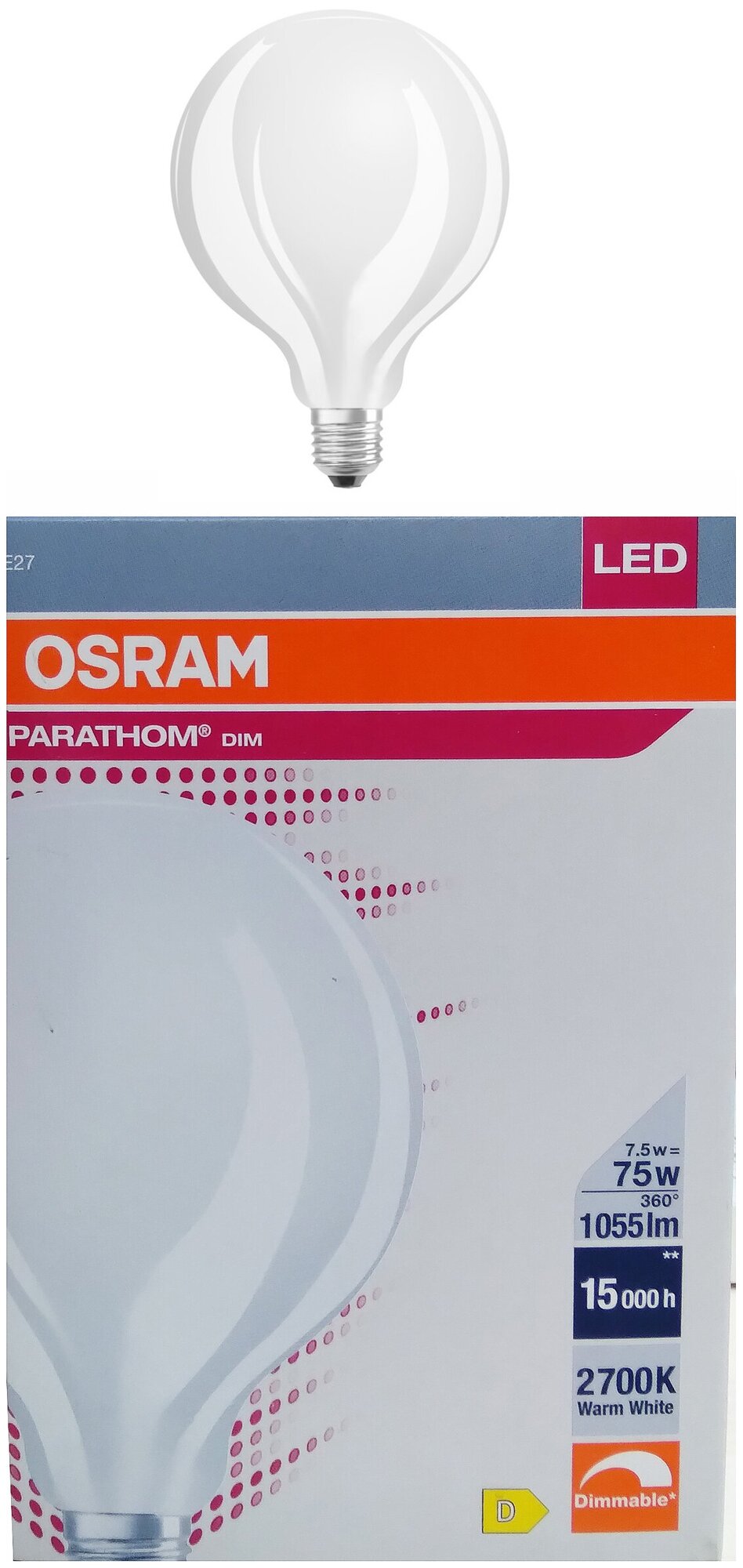 Лампочка светодиодная Osram филаментная стекло Шар G95 E27 Диммируемая 7,5Вт 220В 1055Лм 2700К Теплый белый, упаковка 1шт