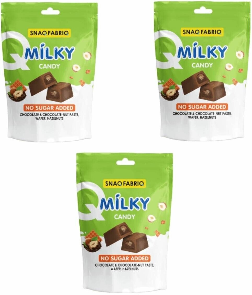 Шоколадные конфеты Без сахара SNAQ FABRIQ MILKY CANDY с шоколадно-ореховой пастой, вафлей и фундуком 130 г (3 шт)