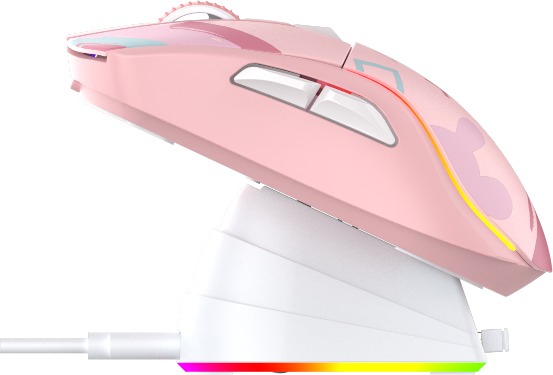 Мышь игровая беспроводная Dareu A950 Pink (розовый), DPI 400/800/1600/3200/6400/12000, подключение Tri-mode: проводное+2.4GHz+BT, встроенный аккумулятор 930mAh, зарядная станция, подсветка RGB, размер - фото №8