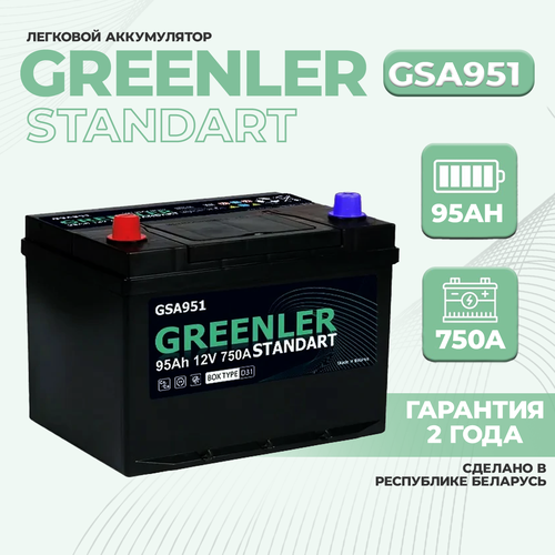 Аккумулятор (АКБ) GREENLER GSA951 115D31R 95Ah ПП 750A Asia (борт) для легкового автомобиля (авто) 306/175/225 6ст-95 95 Ач (Гринлер)