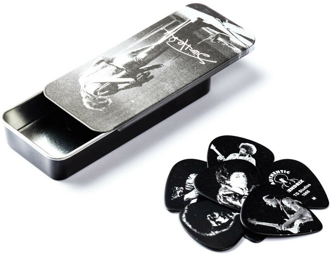 Сувенирный набор медиаторов в пенале, сред, 12шт Dunlop Jimi Hendrix Silver Portrait JHPT06M Pick Tin